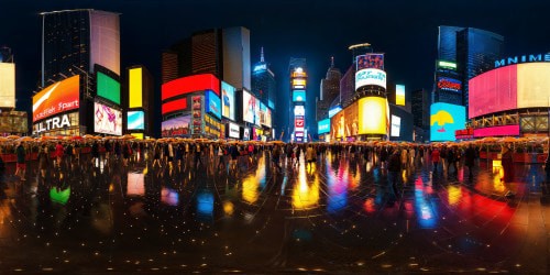 Vibrant, bustling Times Square in New York City captured in flawless ultra-high resolution, neon lights reflecting off rain-slicked pavement under a dazzling, starlit sky, bustling crowds wearing dynamic splashes of color, a timeless urban masterpiece.