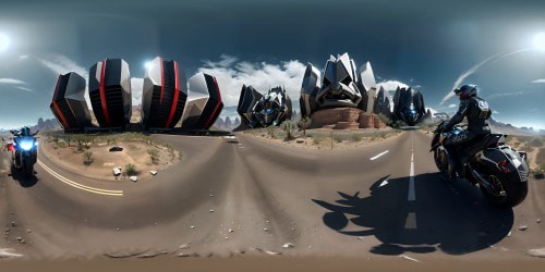 Masterpiece quality, chromed-out motorcycle - gleaming, intricate web of shadows, rugged terrain detailing, ultra-high-resolution VR360 view under scorching desert sun. Desolate landscape, uninterrupted VR360 spectacle of the vast desert horizon. Hyper-realistic style, flawless reflective surfaces.