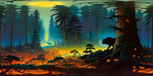 A flawless, ultra high-resolution masterpiece depicting a werewolf prowling through a dark, foreboding forest teeming with a multitude of flickering fireflies, enveloped by an intensely somber atmosphere.