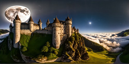 Sprawling medieval castle under the starlit night sky, intricately detailed stone walls, towering turrets, illuminated by a bright full moon, casting dramatic shadows over lush, rolling hills, ultra-high resolution, captivating masterpiece.