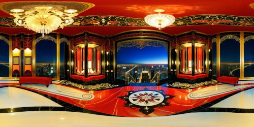 A flawlessly designed, ultra-high-resolution opulent penthouse adorned with sumptuous red, black, and white hues, boasting gleaming marble flooring, velvety touches, sparkling crystal chandeliers, and vast windows revealing a breathtaking cityscape beneath a starlit night sky.