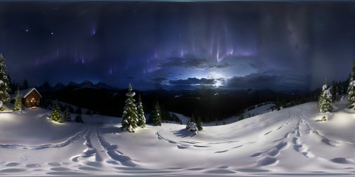 VR360 masterpiece ultra high-res. ultrarealistic nighttime snow dusted mountain overlook.  forest valley panorama. dark starry night sky with northern lights. remote wilderness. moon behind the mountain range in the distance.