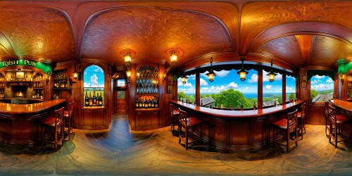 An impeccable, flawlessly detailed Irish pub scene radiating warmth and charm, with a gleaming mahogany bar, stained glass windows casting rich hues, rows of assorted whiskey bottles, a cozy fireplace crackling softly, all captured in pristine 8K resolution to showcase its every perfect detail.