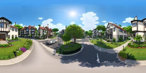 Incredible detail VR360, Sims 4 cityscape, colorful houses, vibrant streets. Ultra-high definition, no people, no animals. Sims-style architecture, lush green parks, glistening waters. VR360 view of the lively city. Masterpiece art style, Pixar-esque rendering.