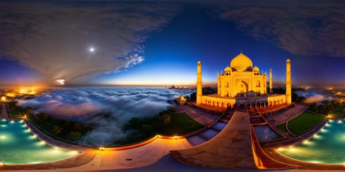 Illuminated under a moonlit sky, the flawless ivory domes of the Taj Mahal gleam with a pearlescent glow, reflecting in the tranquil waters of the reflecting pool, a stunning, detailed architectural wonder in ultra high resolution.