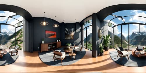 an open space lobby viewing the mountains behind tall glass walls. the room has been styled with modern furniture