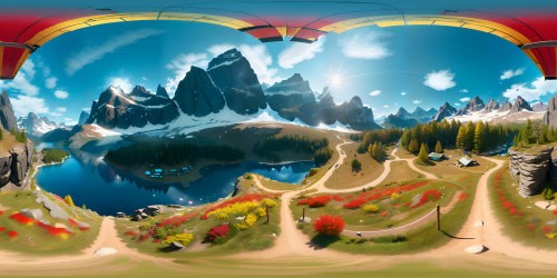 VR360 view, crystal-clear mountain vistas, gleaming sunbeams, vivid, rich colors. Unspoiled alpine wilderness, snow-capped peaks, plunging valleys, mirror-like lakes. Style: photorealistic, ultra HD, meticulously detailed. Enjoy VR360 pinnacle of precision, a visual feast.