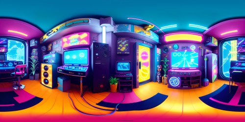 Ultra high-resolution VR360, 1980s bedroom nostalgia, Nintendo console, Tron arcade game. Neon glow, cluttered room, Teenage Ninja Turtle posters teetering. VR360 warmth, vintage TV, retro gaming atmosphere. Pixar-style rendering, mix of caricature and realism.