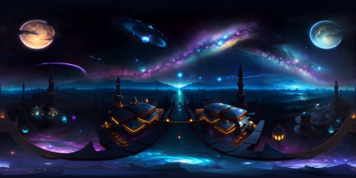 Galaxy world extravaganza, VR360 view - nebulae clusters, swirling star systems, gleaming celestial bodies. Ultra high res, showcase of cosmos wonders. Captivate with VR360 Milky Way panorama. Masterpiece, art style - digital hyperrealism, vibrant hues, glittering galactic dust, sublime starlight glows.