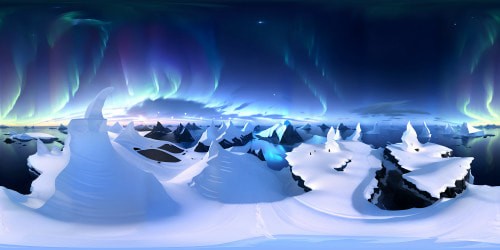 VR360 skyscape, twilight hues, Antarctic frost. Iceberg silhouettes, shiver under ethereal Northern Lights, lone penguin shape, large, Picasso-style. Majestic, abstract cubism in VR360 panoramic vision, crystalline clarity, ultra-high resolution. Surreal drama, icy minimalist elegance.