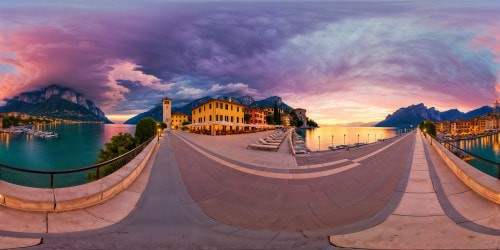 A perfect, high-quality masterpiece capturing Riva del Garda's lakeside promenade at twilight, bathed in a serene sunset glow that blends pastel hues in the sky as the sun on the horizon paints a purple palette, with an ominous thunderstorm on the horizon signaling the arrival of autumn.