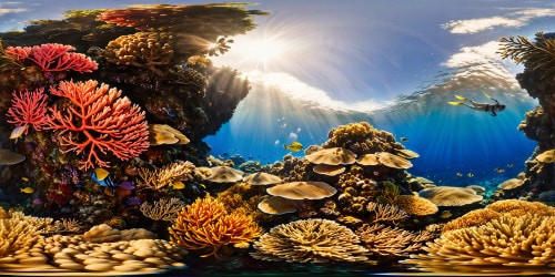 Beneath the crystal clear waters of a fantastical underwater world, an intricate coral reef sprawls in perfect detail, vibrant fish darting among swaying plants, with flawless realism in ultra high resolution 8K clarity.