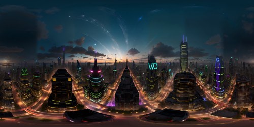 VR360 apex of towering skyscraper, digital painting style, intricate ultra high res, luminous nocturnal cityscape. VR360 panorama, urban sprawl at night, vivid contrast, masterful detailing, crisp lines. Silhouetted skyscrapers shimmering, radiant windows, twinkling metropolis lights, an enormous, resplendent city. Brilliantly lit skyline, bathed in a