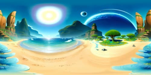 Masterpiece-quality VR360, ultra-high res VR360, tranquil seaside, serene beach with snowfall, diamond-like snow crystals dancing on azure waves.