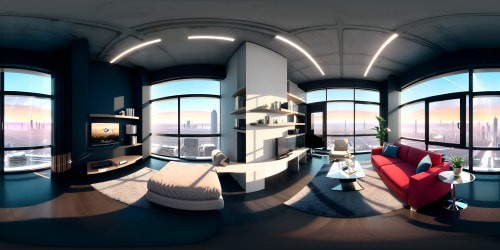 VR360 modern minimalist loft, floor-to-ceiling windows, luxe decor, expansive twilight cityscape. High-res VR360 penthouse view, abstract art, soft LED backlighting, muted colors. TV drama style, ultra-high detail, masterfully rendered night setting, soft-light ambiance. Smart tech fixtures, Small Supergirl plush on couch, realistic yet stylized. Ultra high-res VR360 cityscape,