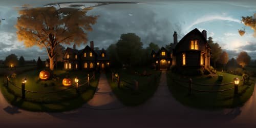 Masterpiece-quality, VR360 Sleepy Hollow view, ultra high res. Halloween dominance, ghostly aura pervading, cobweb-decked houses, glowing pumpkin carvings. Eerie windmill silhouette paramount. Ultra-realistic style expression, immersive VR360 environment, masterpiece ambiance.