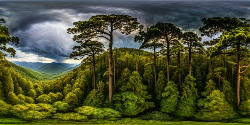 Magnificent VR360 masterpiece showcasing a rich tree canopy under brooding storm clouds, rain-kissed forest hillside, creating a mesmerizing, immersive panoramic sky view in ultra high resolution, perfect for detailed exploration.