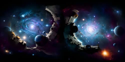 a father and a daughter floating in the space wearing space suits, surrounded by beautiful nebula 