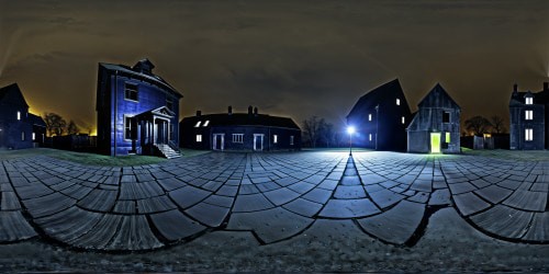 A flawlessly detailed, ultra high-resolution depiction of a sinister dark house on a silent street cloaked in pitch black night, with a eerie fluorescent lamp casting stark high contrast shadows on the cracked pavement, surrounded by a deep indigo hue of mystery and foreboding.