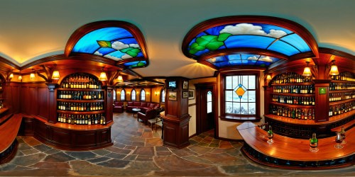 A beautifully detailed and meticulously crafted Irish pub scene, featuring rich mahogany bar, stained glass windows casting warm hues, shelves stocked with various whiskey bottles, a cozy fireplace crackling in the background, all in stunning 8K resolution.