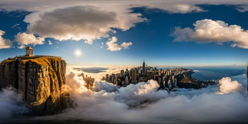 Perched on a dizzying cliff edge, a vertigo-inducing cityscape unfolds below, a masterpiece of ultra high-res details capturing the bustling metropolis under a flawless, azure sky.