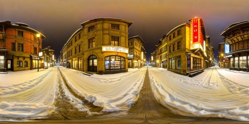 snow street and old time city at night