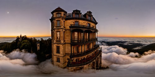 Majestic haunted mansion in moonlit darkness, weathered stone looming ominously, intricate gothic details on the facade, dilapidated yet grand, eerie mist shrouding the flawless but ghostly estate.