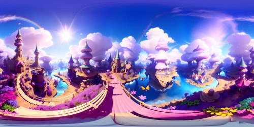 Masterpiece quality, ultra-high resolution, VR360 fairy wonderland, shimmering pixie dust swirls, towering toadstool fairytale houses. Sparkling, kaleidoscopic butterfly clouds, luminescent, rainbow-infused sky. Chiaroscuro style, contrasting light and dark hues. VR360, fantastical, vivid detailing, immersive, dreamy, Pixar-style.