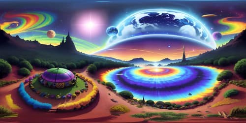 VR360, ultra-high-resolution spectacle, vivid color bursts, psychedelic patterns, Woodstock-inspired aesthetics. Tie-dye, peace symbols, guitars, vinyl records scattered, iconic VW vans. VR360, masterpiece quality, 60s counterculture-style sky, enhanced with cosmic swirls.