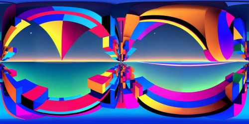 VR360 masterpiece, ultra-high res. Geometric shapes, RonnieBox-inspired elegance. Glossy surfaces, reflective materials, VR360. Contrasting colors, round curves in abstract forms. Bold, Pixar-style outlines, soft shadows in VR360 endless depth. Expansive view, infinite perspective. Chromatic richness, vivid VR360 palette. Surreal, digital universe allure.