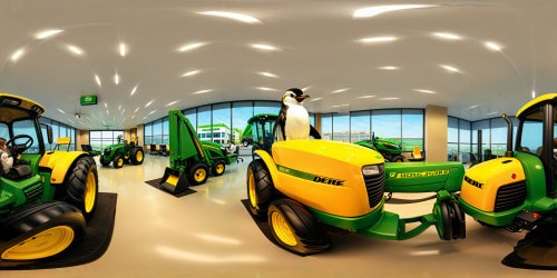 A penguin driving a John Deere tractor through an office building.