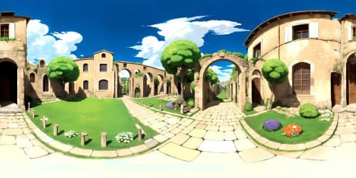 VR360 masterpiece, ultra high-res view, ancient Roman cityscape, amphitheatre, aqueducts, basilicas, VR360 panorama, cobblestone streets, marble columns, grand arches, epicurean mosaics, fading frescoes, majestic skyline, resplendent sunset