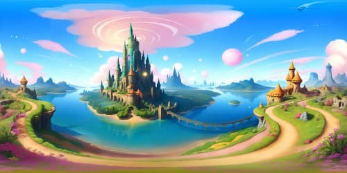 Barbieland, dreamlike pastel hues, floating candy-clouds, gleaming gold castles, VR360 crystal-clear waterfalls, glistening rainbow bridges, gigantic wavy lollipops, rosy-pink sky. Ultra-high-resolution, VR360 masterpiece quality.