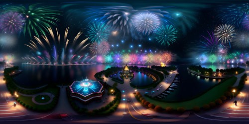 Masterpiece-quality VR360: Epcot water reflections, radiant fireworks illuminating night sky, ultra-high-res lens flare from distant explosions. Pixar-style color gradient, sprinkling of starlight. VR360 panorama, vibrant hues gleaming off undulating water surface.