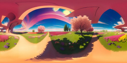 "VR360 perspective from tree swing, sweeping overarm view of expansive fields, gradients of pink sunset washing over landforms. Fusion of ultra high-res mastery and natural serenity, sunset glow mirrored on dew-kissed fields. VR360 view of luxurious verdancy, with an impressionist flair."