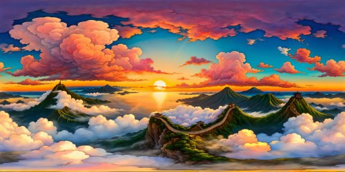 A flawless, ultra-high-resolution depiction of a breathtaking sunset in the majestic Japanese style, with a painted sky of swirling clouds, vivid hues and a stunningly detailed landscape capturing the essence of an enchanting piece of art.