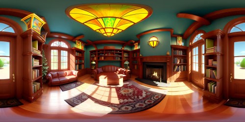 VR360: Timber bookshelves, aging leather-bound volumes, soft glow of antique lamps, a cozy fireplace. Intricate Persian carpet, cushioned reading nook, mahogany ladder, stained-glass ceiling. Grandeur and warmth, in pixel-perfect ultra-high resolution, an artistic masterpiece, VR360 library sanctuary.