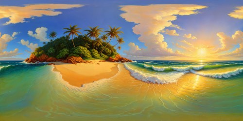 A pristine tropical oasis, featuring faultless golden shorelines, transparent azure waves, lush palm trees dancing in the soft ocean zephyrs, brilliant sunlight painting iridescent glimmers on the serene sea, meticulously detailed in ultra-high resolution.