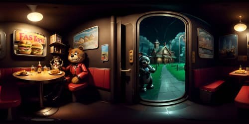 game five night at freddy's restaurant, with u.s. 90s fast food style creepy dark light. with some scary teddy bear