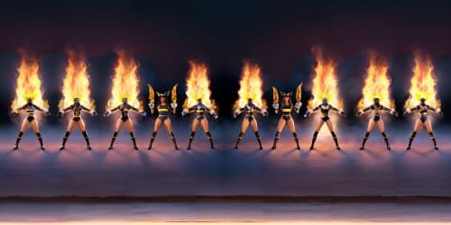 four african american women wearing black and blue leotards with thigh high boots. one woman has dreadlocks. two women are carrying flaming spears.