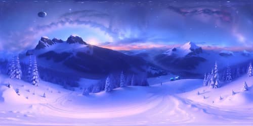 snow capped mountain top during a blizzard at night with distant evergreen trees