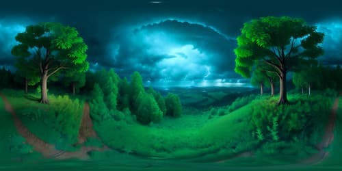sky view Masterpiece quality VR360, ultra high-res. Stormy sky, deluge of rain, dark night. Tree canopy panorama, hillside forest, swept in rain. Immersive VR360 view, great expanse of overridden night sky.