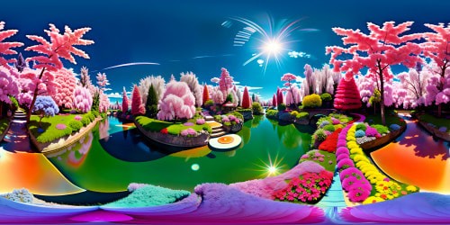 Masterpiece quality, ultra-high-resolution VR360 scene. Cascading waterfalls, iridescent rainbows. Beautiful blooming roses, ethereal floating islands. Pixar-style vibrant colors. VR360 azure sky, fluffy, cotton candy clouds. Glinting, crystal-clear river. Exceptional, lovely detailing.