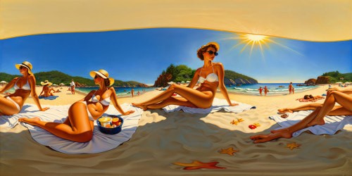 beautiful girls modeling bikinis on the beach under a bright sun.  some are topless.  more women sunbathe nearby.