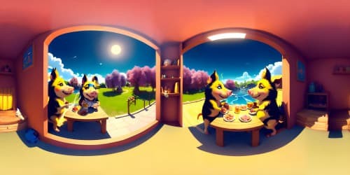 Three little pigs drinking beer from mugs and eating ham