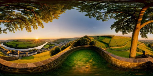 An elevated, breathtaking aerial view of the picturesque town of Huddersfield at golden hour, showcasing a flawless blend of historic stone architecture, lush green countryside, meandering river, and rolling hills, all bathed in the warm, soft glow of the setting sun, rendered in ultra high resolution detail.