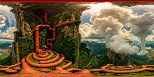 An ultra-high-res, flawless depiction of a blood-spattered, twisted pipe maze within the iconic Super Mario universe, with hyper-realistic gore and vibrant splashes of color, detailed textures, cinematic lighting casting eerie shadows, and ominous flora and fauna creating a chilling and masterfully crafted atmosphere of impending doom.