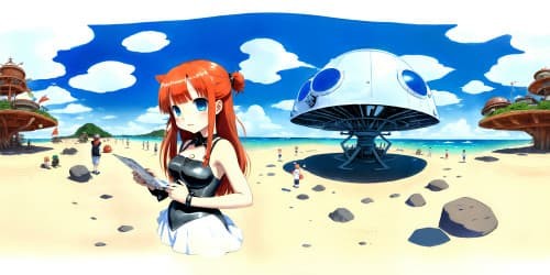 red haired memaid from hell on the beach with UFO mothership overhead manga