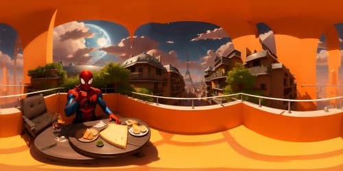 Spiderman drinking wine and eating bread and cheese on a Paris rooftop at night fireworks in the sky full moon just on the horizon