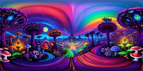 Masterpiece VR360, ultra-HD resolution, indoor psychedelic realm, abundant mushrooms, picture frames, vibrant color palette, surreal art-style, intricate VR360 details.